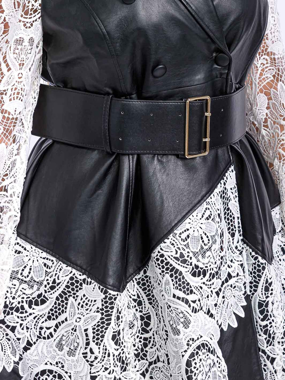 PLUS SIZE LONG SLEEVE BELTED PU PLEATHER LACE DRESS COAT