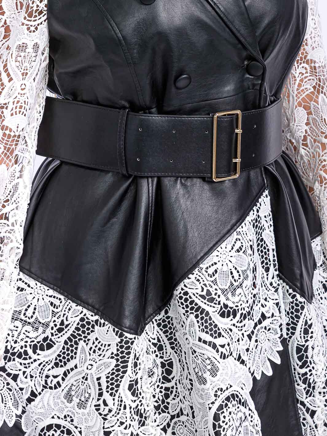 PLUS SIZE LONG SLEEVE BELTED PU PLEATHER LACE DRESS COAT