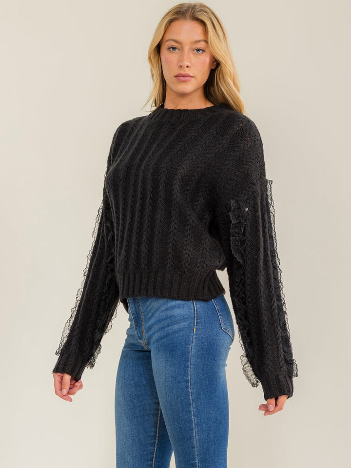 WOMEN'S LONG SLEEVE LACE TRIM KNIT PULLOVER SWEATER