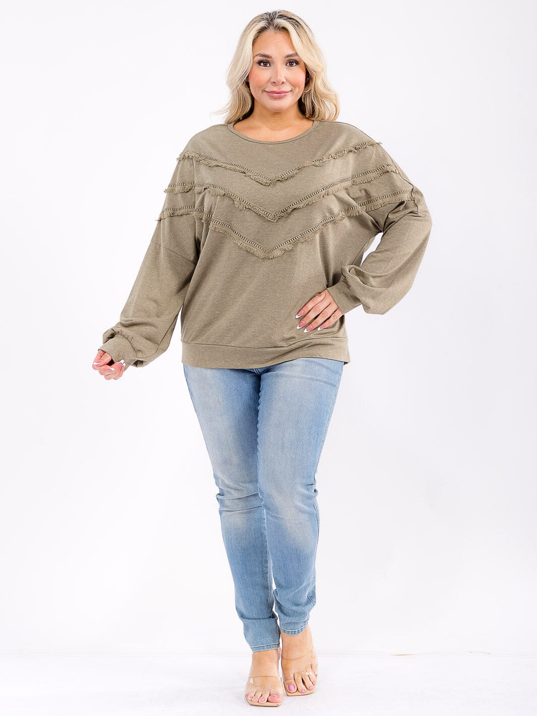 PLUS SIZE LONG SLEEVE FRINGE DETAILED TOP