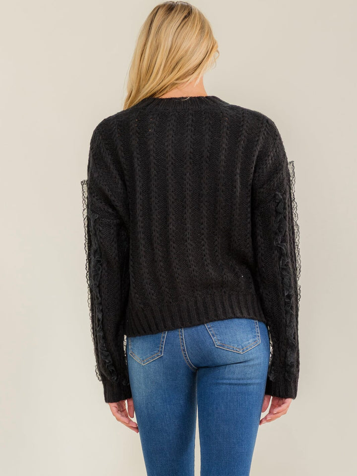 WOMEN'S LONG SLEEVE LACE TRIM KNIT PULLOVER SWEATER