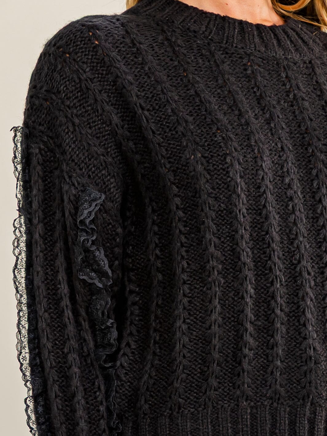 WOMEN'S LONG SLEEVE LACE TRIM KNIT PULLOVER SWEATER