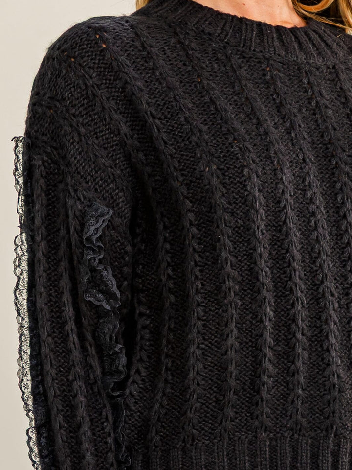WOMEN'S LONG SLEEVE LACE TRIM KNIT PULLOVER SWEATER