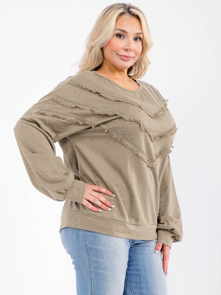 PLUS SIZE LONG SLEEVE FRINGE DETAILED TOP