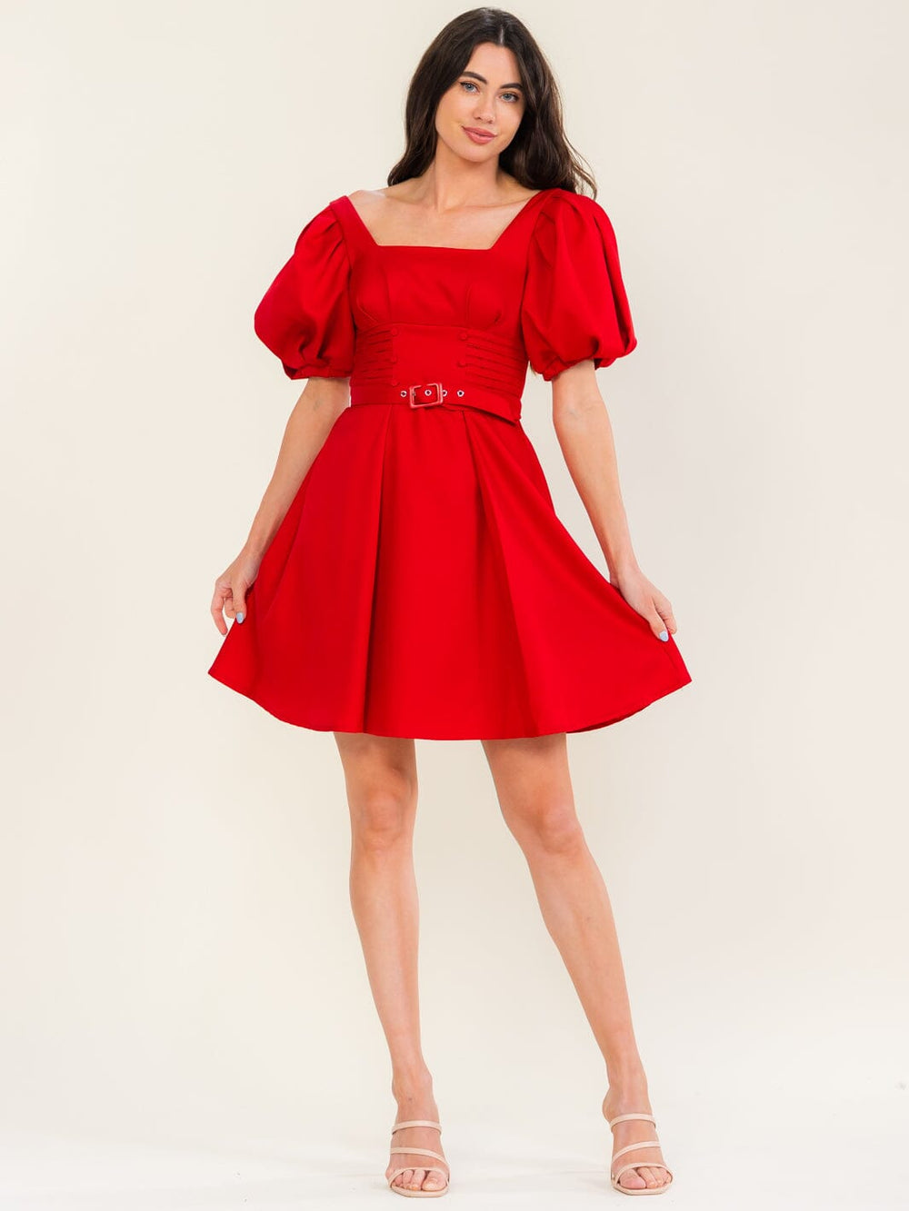 BEULAH WOMEN'S SHORT PUFF SLEEVE FIT & FLARE BELTED MINI DRESS