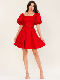 BEULAH WOMEN'S SHORT PUFF SLEEVE FIT & FLARE BELTED MINI DRESS