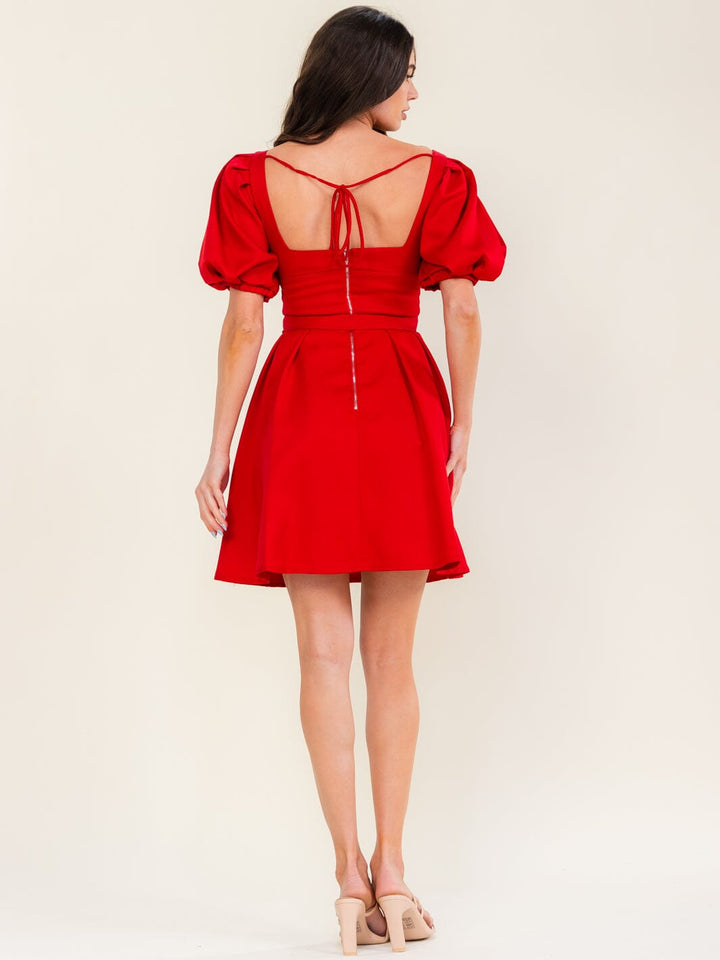 BEULAH WOMEN'S SHORT PUFF SLEEVE FIT & FLARE BELTED MINI DRESS