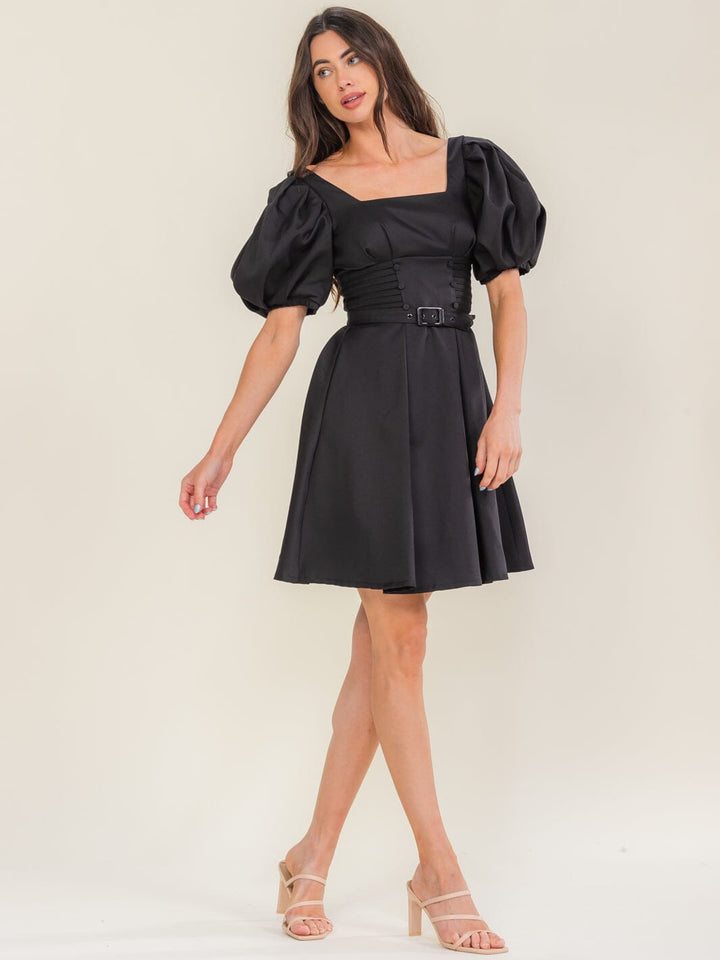 BEULAH WOMEN'S SHORT PUFF SLEEVE FIT & FLARE BELTED MINI DRESS