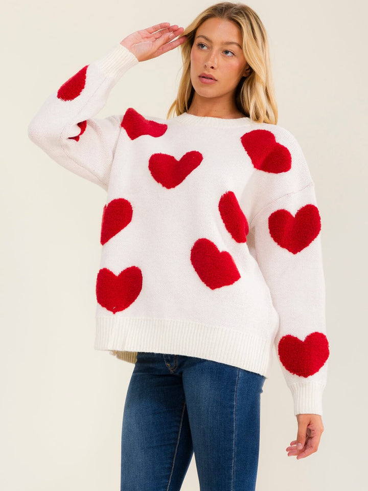 WOMEN'S LONG SLEEVE HEARTS KNIT PULLOVER SWEATER