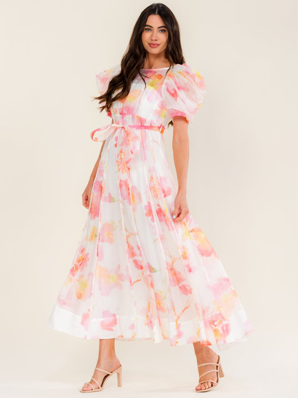 BEULAH WOMEN'S SHORT PUFF SLEEVE SELF TIE FLORAL MAXI DRESS