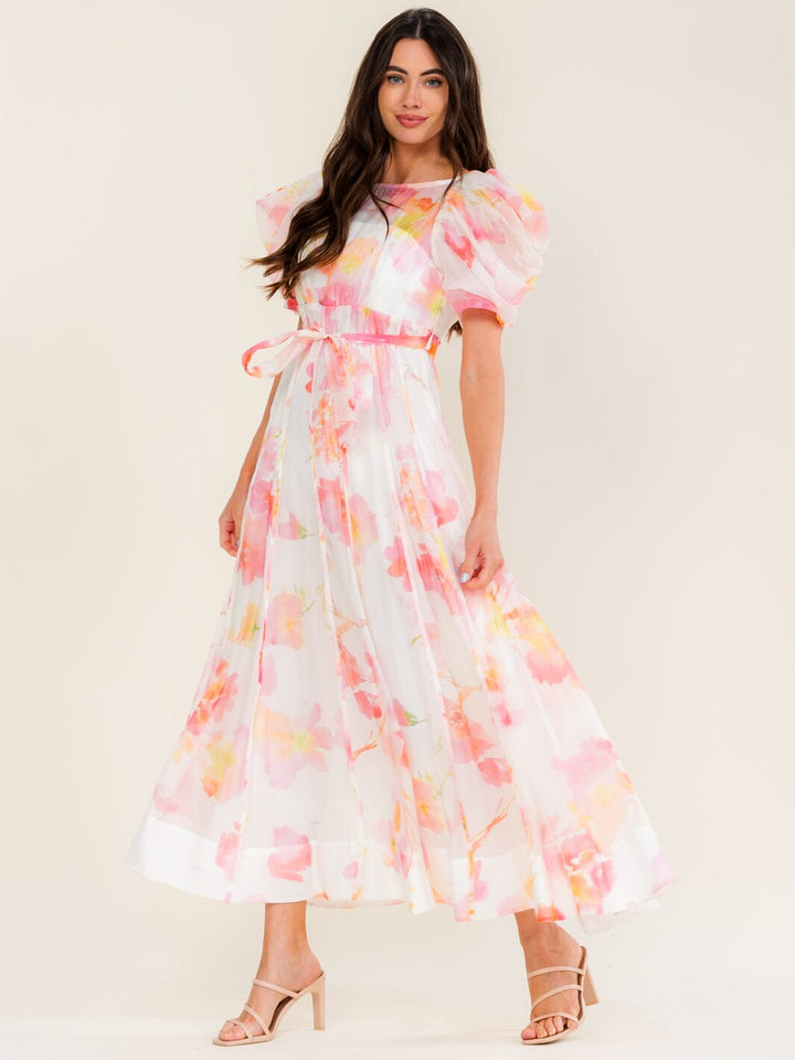 BEULAH WOMEN'S SHORT PUFF SLEEVE SELF TIE FLORAL MAXI DRESS