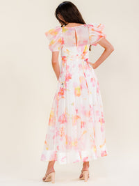 BEULAH WOMEN'S SHORT PUFF SLEEVE SELF TIE FLORAL MAXI DRESS