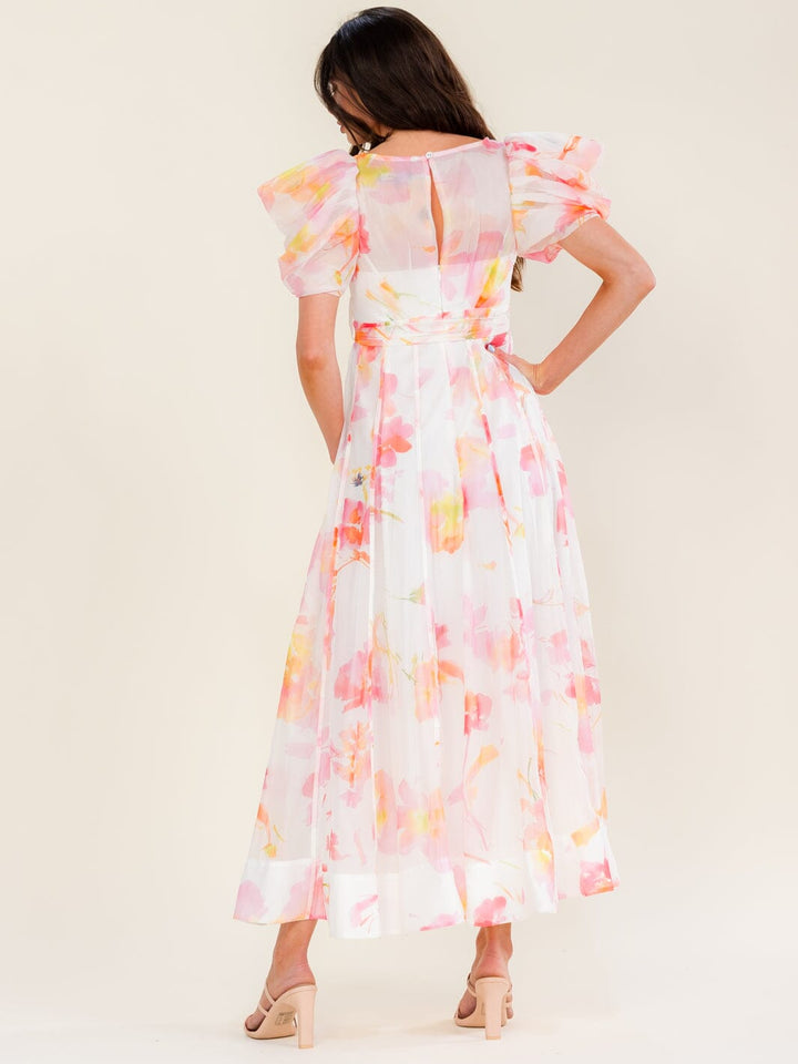 BEULAH WOMEN'S SHORT PUFF SLEEVE SELF TIE FLORAL MAXI DRESS