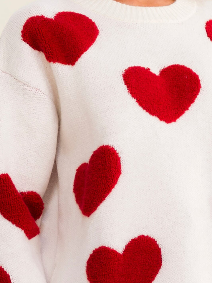 WOMEN'S LONG SLEEVE HEARTS KNIT PULLOVER SWEATER