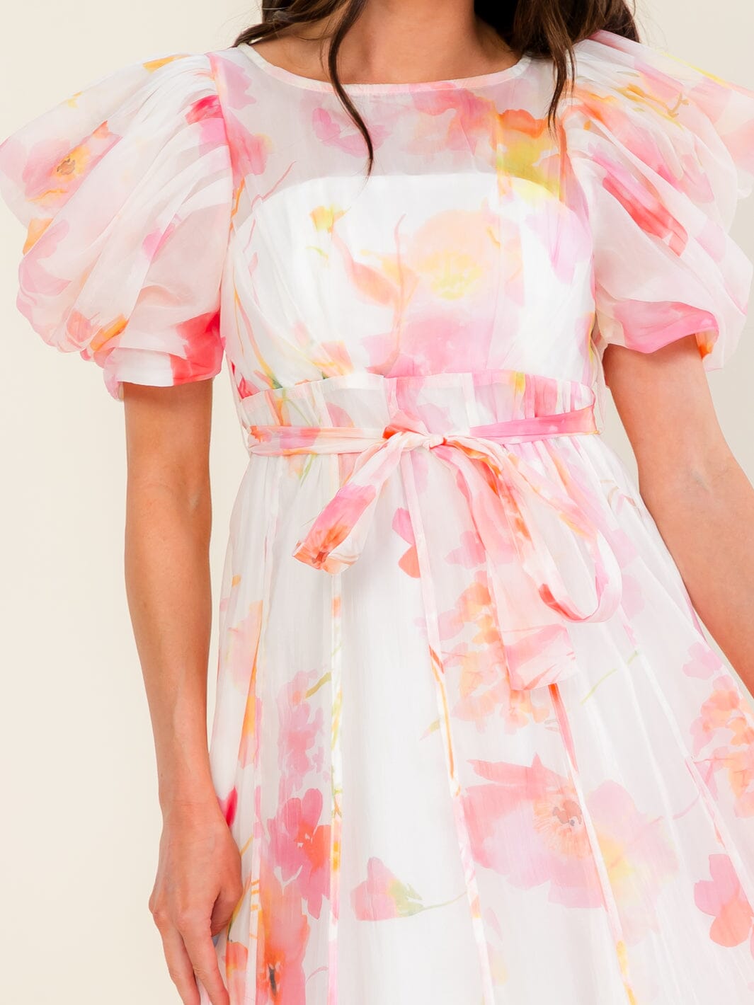 BEULAH WOMEN'S SHORT PUFF SLEEVE SELF TIE FLORAL MAXI DRESS