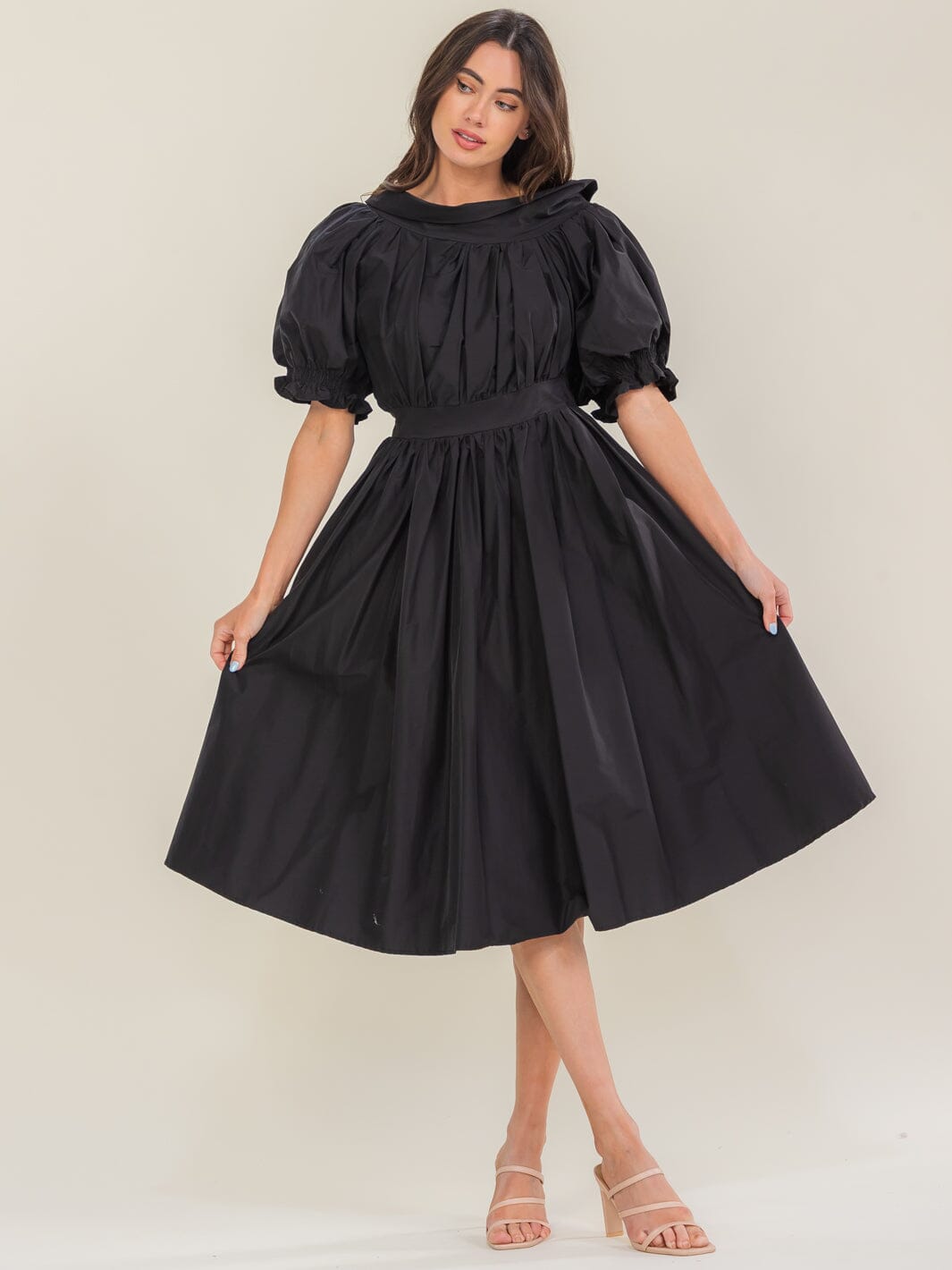 BEULAH WOMEN'S SHORT PUFF SLEEVE FIT & FLARE MIDI DRESS