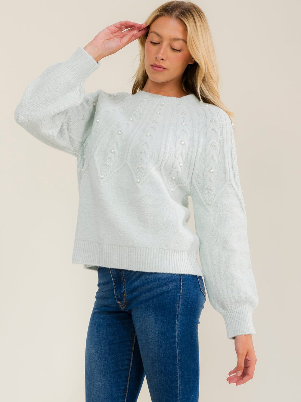 WOMEN'S LONG SLEEVE PEARL DETAILED PULLOVER SWEATER