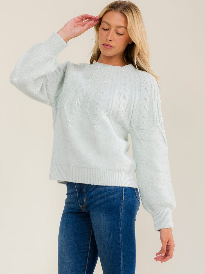 WOMEN'S LONG SLEEVE PEARL DETAILED PULLOVER SWEATER
