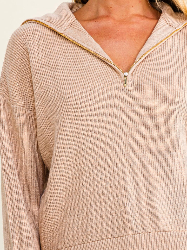 WOMEN'S LONG SLEEVE ZIP UP COLLAR PULLOVER SWEATER
