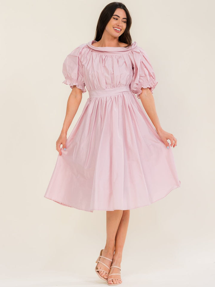 BEULAH WOMEN'S SHORT PUFF SLEEVE FIT & FLARE MIDI DRESS