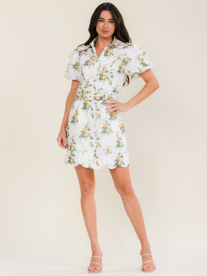 BEULAH WOMEN'S SHORT PUFF SLEEVE BUTTON UP BELTED FLORAL MINI DRESS