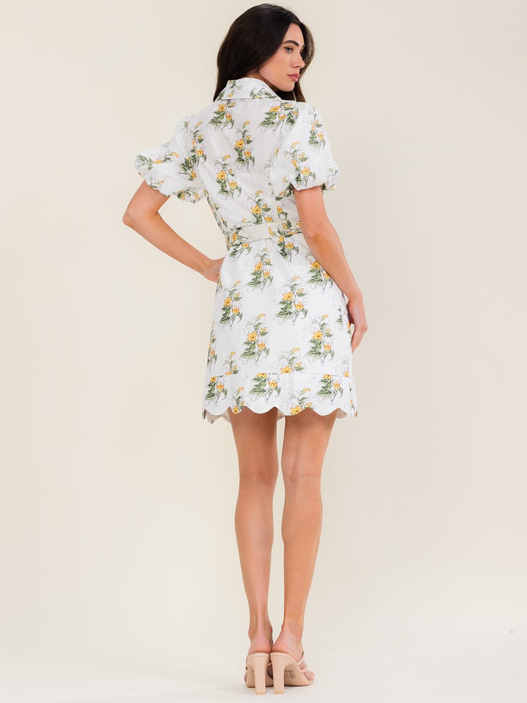 BEULAH WOMEN'S SHORT PUFF SLEEVE BUTTON UP BELTED FLORAL MINI DRESS