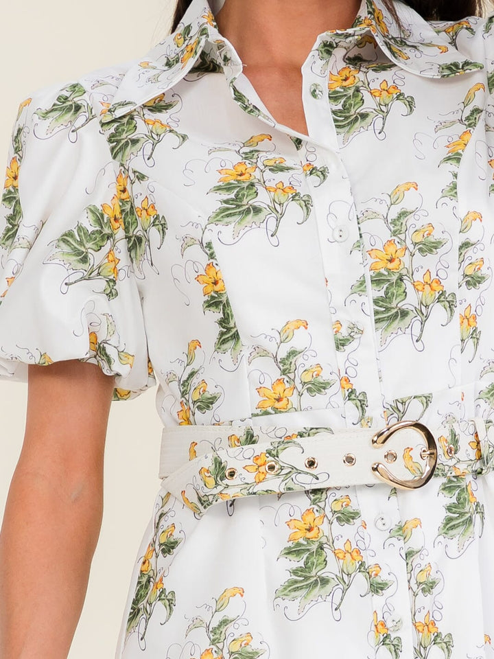 BEULAH WOMEN'S SHORT PUFF SLEEVE BUTTON UP BELTED FLORAL MINI DRESS