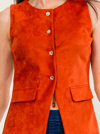 WOMEN'S SLEEVELESS BUTTON UP SEUDE CONTRAST TOP