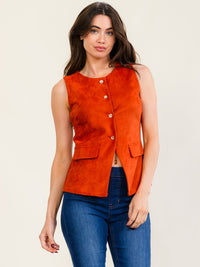 WOMEN'S SLEEVELESS BUTTON UP SEUDE CONTRAST TOP