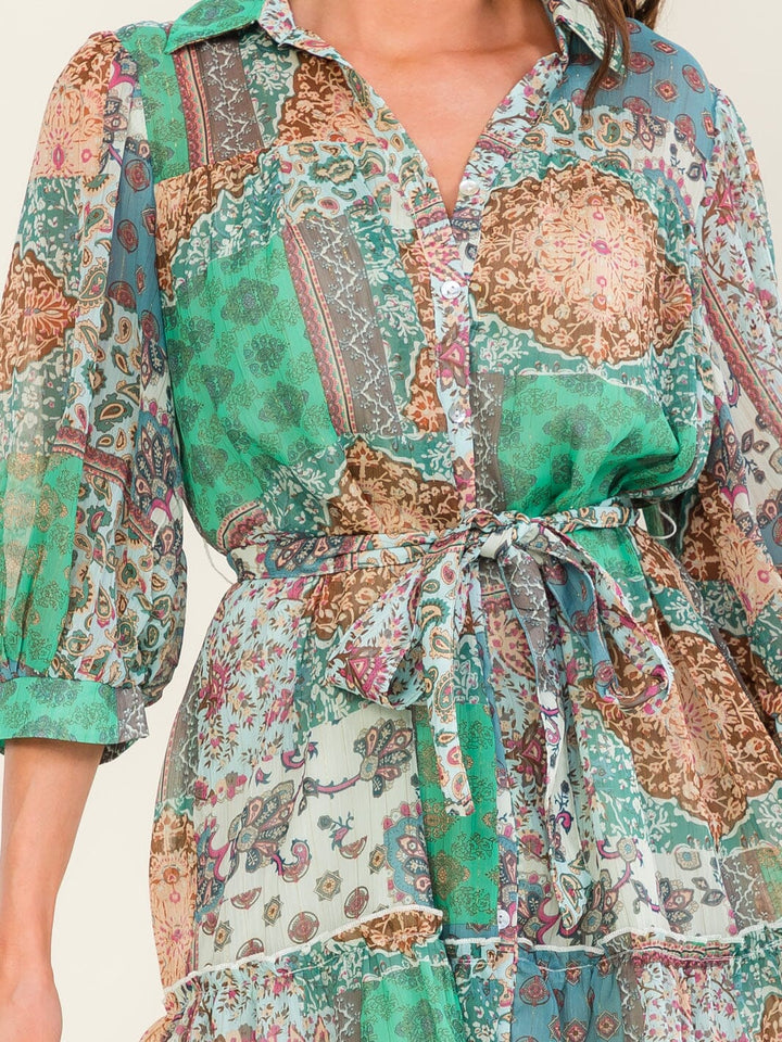 ENTRO WOMEN'S 3/4 SLEEVE BUTTON UP SELF TIE MULTI PRINT MINI DRESS