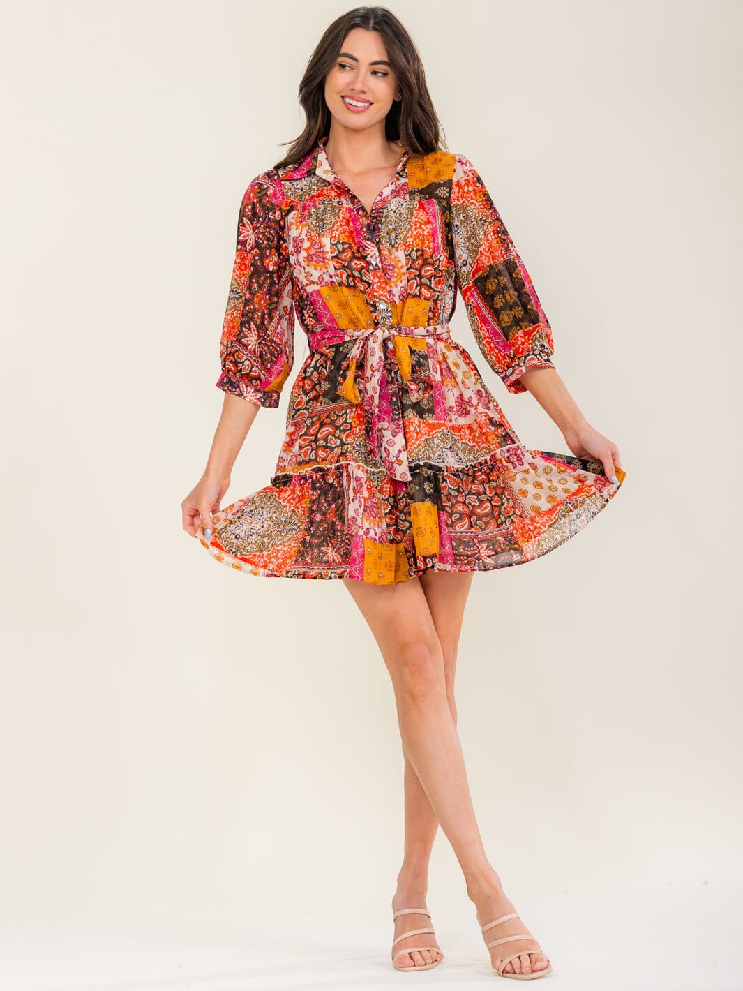 ENTRO WOMEN'S 3/4 SLEEVE BUTTON UP SELF TIE MULTI PRINT MINI DRESS