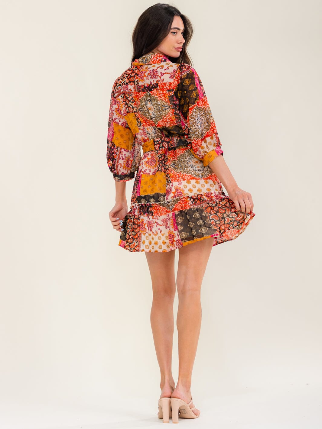 ENTRO WOMEN'S 3/4 SLEEVE BUTTON UP SELF TIE MULTI PRINT MINI DRESS