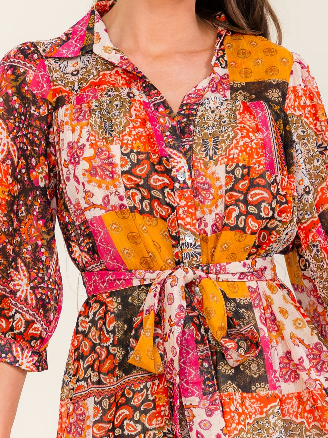 ENTRO WOMEN'S 3/4 SLEEVE BUTTON UP SELF TIE MULTI PRINT MINI DRESS