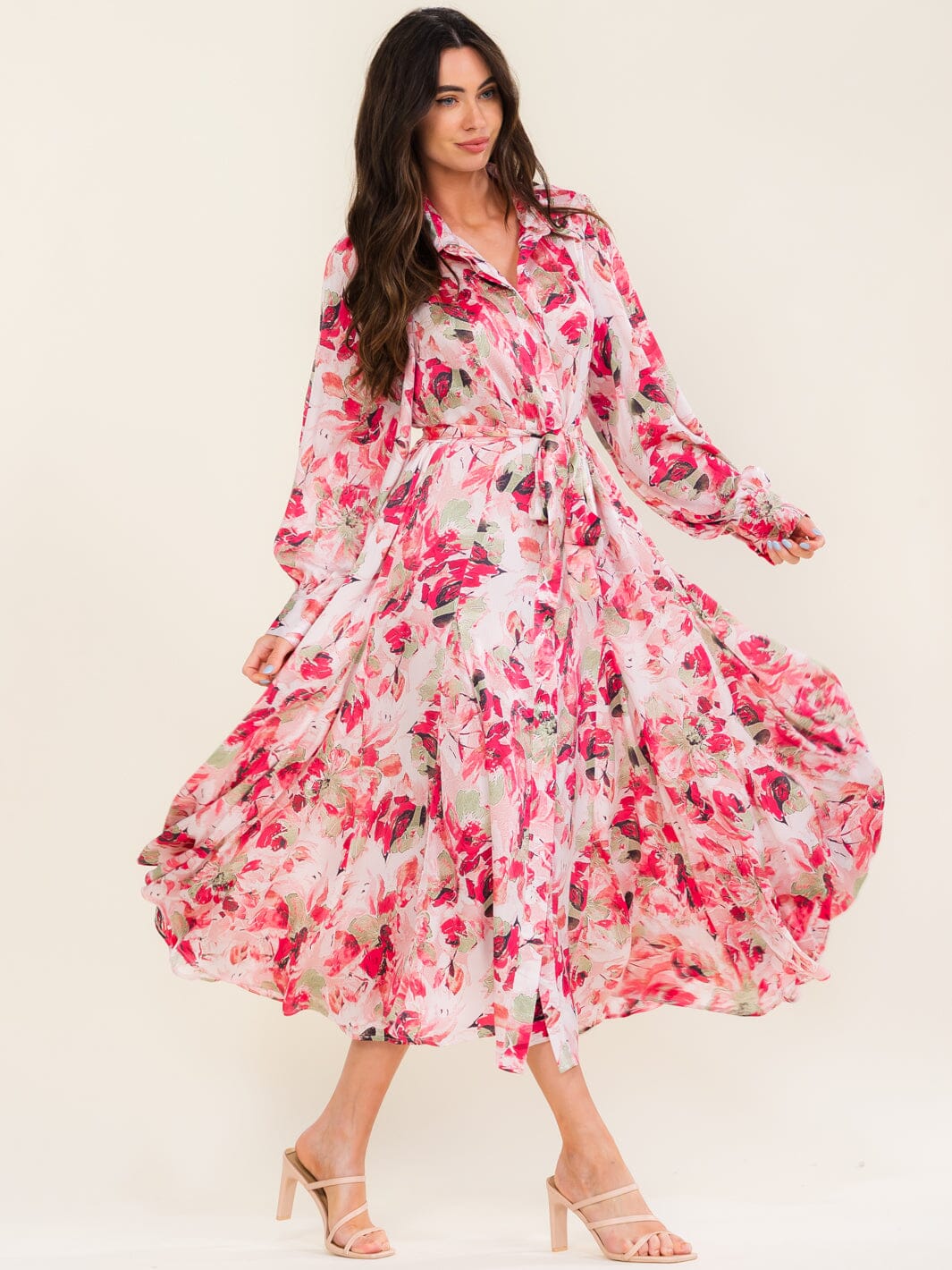 BEULAH WOMEN'S LONG SLEEVE BUTTON UP SELF TIE FLORAL PRINT MAXI DRESS