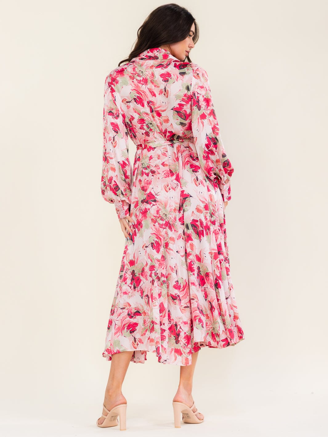 BEULAH WOMEN'S LONG SLEEVE BUTTON UP SELF TIE FLORAL PRINT MAXI DRESS