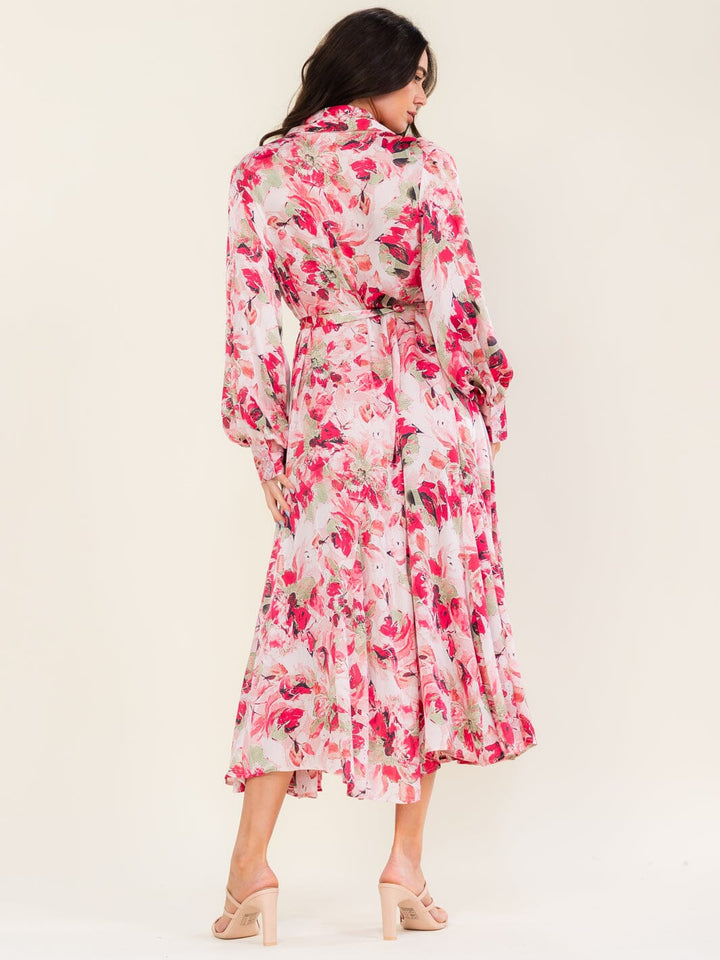 BEULAH WOMEN'S LONG SLEEVE BUTTON UP SELF TIE FLORAL PRINT MAXI DRESS
