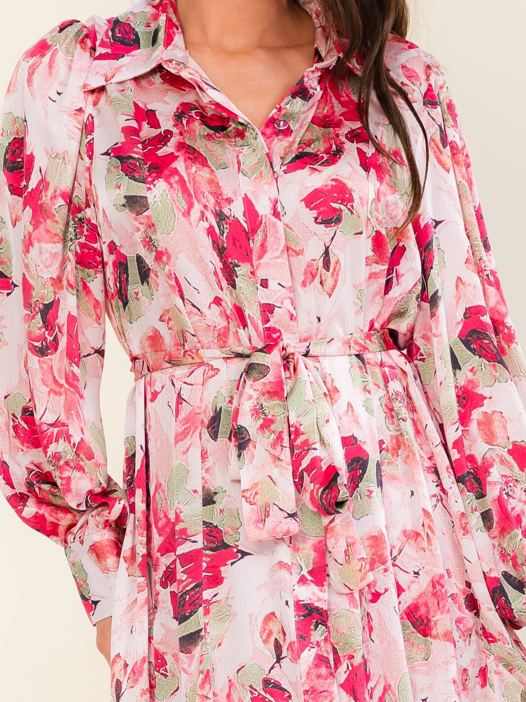 BEULAH WOMEN'S LONG SLEEVE BUTTON UP SELF TIE FLORAL PRINT MAXI DRESS