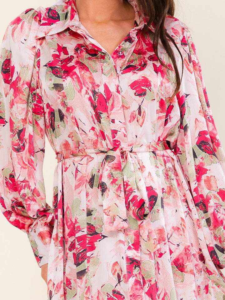 BEULAH WOMEN'S LONG SLEEVE BUTTON UP SELF TIE FLORAL PRINT MAXI DRESS
