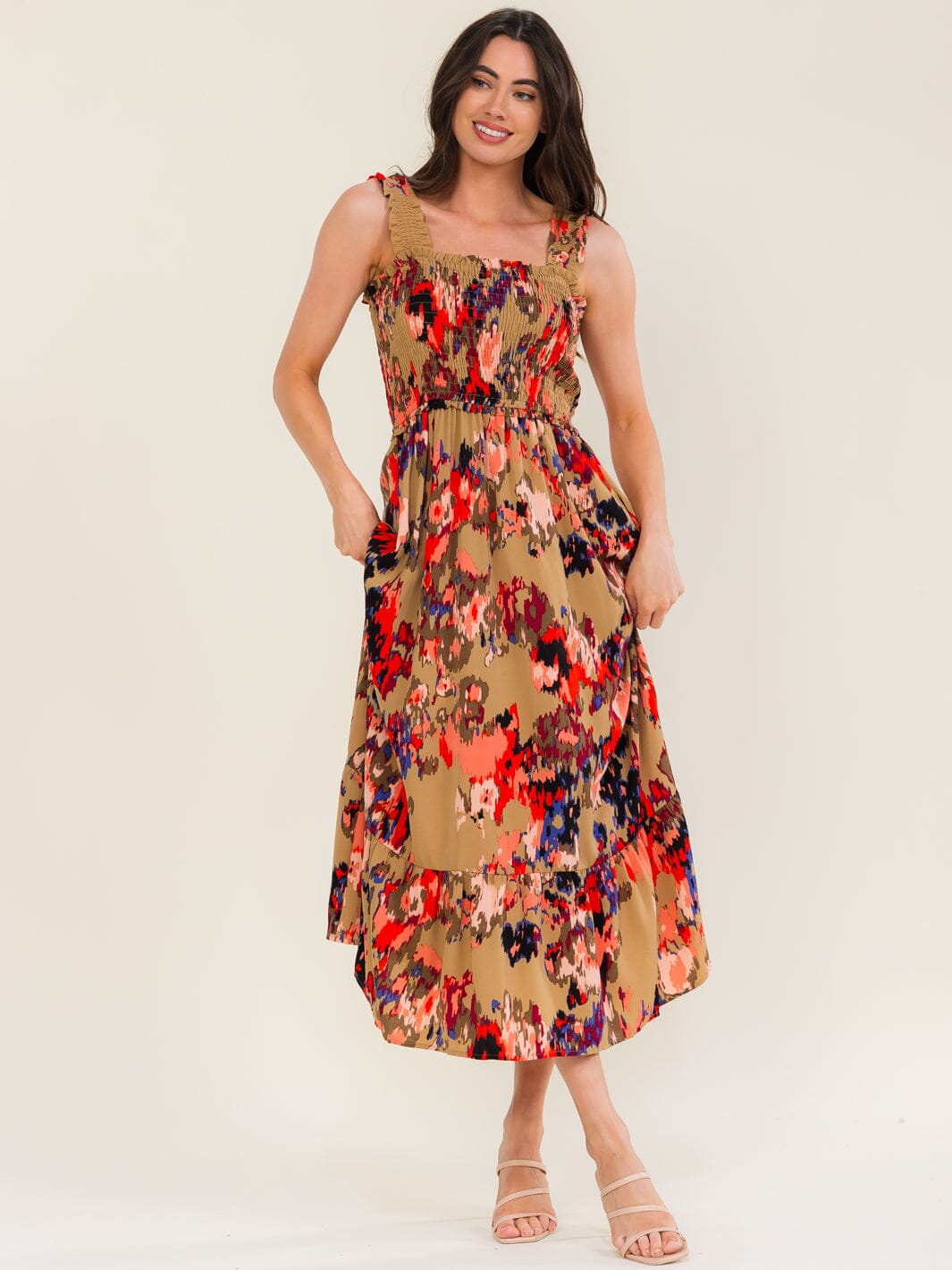 ENTRO WOMEN'S SLEEVELESS SQUARE NECK POCKETS FLORAL PRINT MAXI DRESS