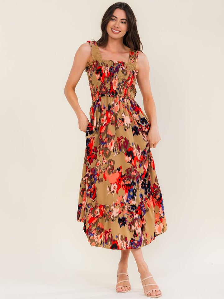 ENTRO WOMEN'S SLEEVELESS SQUARE NECK POCKETS FLORAL PRINT MAXI DRESS