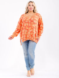 PLUS SIZE LONG SLEEVE V-NECK HIGH-LOW MULTI PRINT TOP