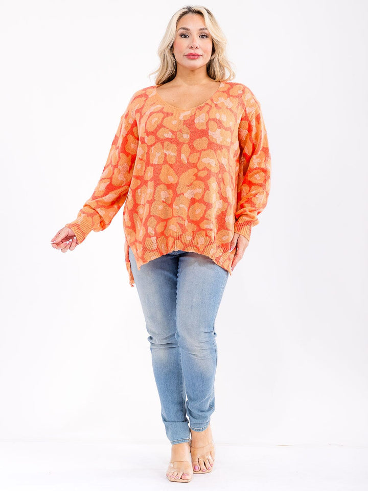 PLUS SIZE LONG SLEEVE V-NECK HIGH-LOW MULTI PRINT TOP
