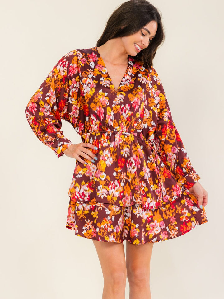 ENTRO WOMEN'S LONG SLEEVE SURPLICE FLORAL PRINT MINI DRESS