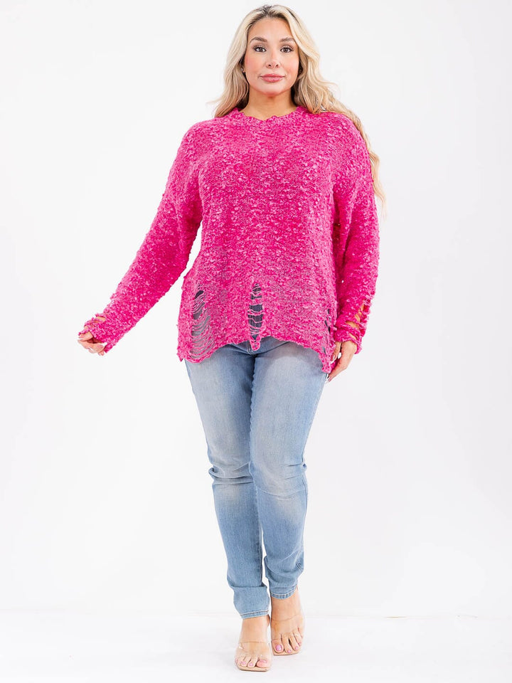PLUS SIZE LONG SLEEVE DISTRESS PULLOVER SWEATER