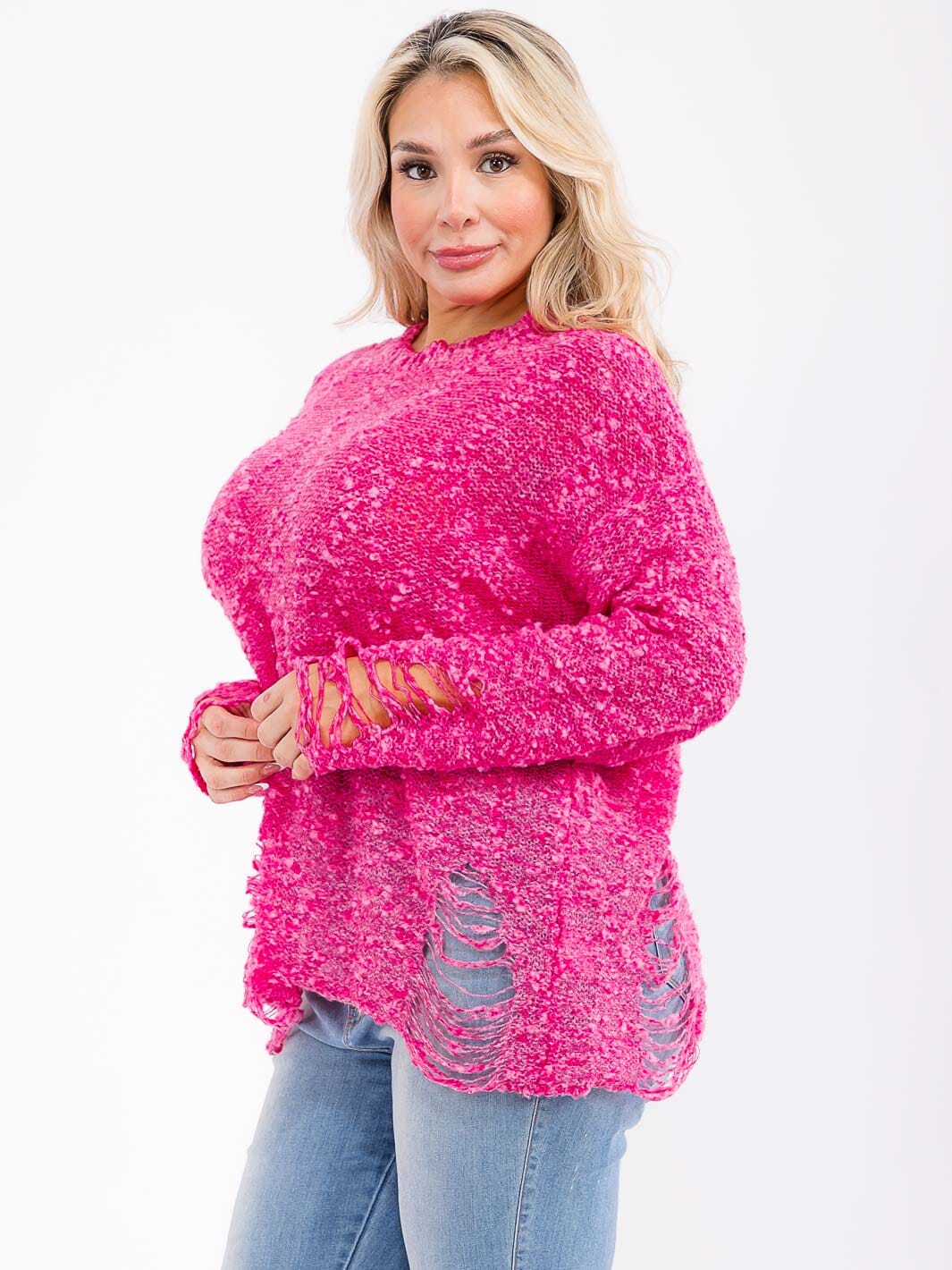 PLUS SIZE LONG SLEEVE DISTRESS PULLOVER SWEATER