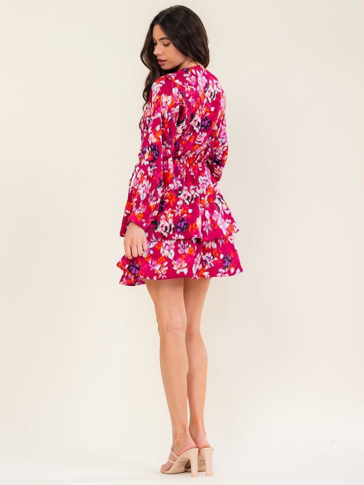 ENTRO WOMEN'S LONG SLEEVE SURPLICE FLORAL PRINT MINI DRESS