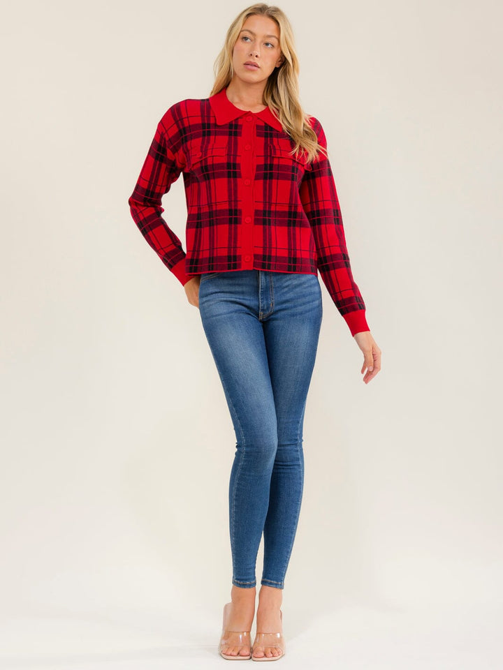 WOMEN'S LONG SLEEVE BUTTON UP FRONT POCKETS COLORBLOCK SWEATER