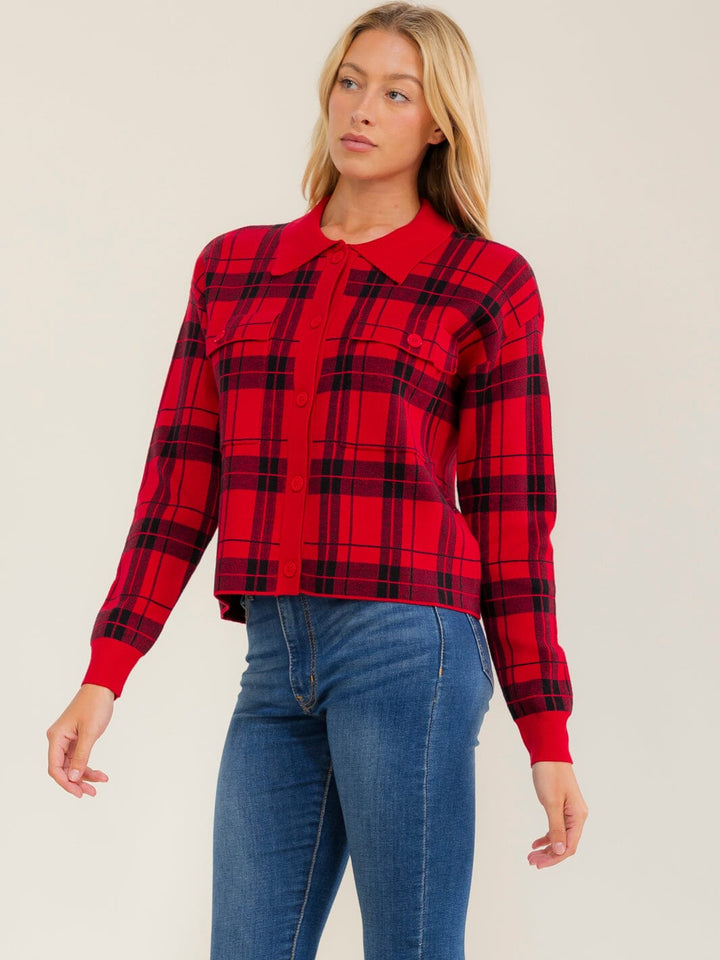 WOMEN'S LONG SLEEVE BUTTON UP FRONT POCKETS COLORBLOCK SWEATER