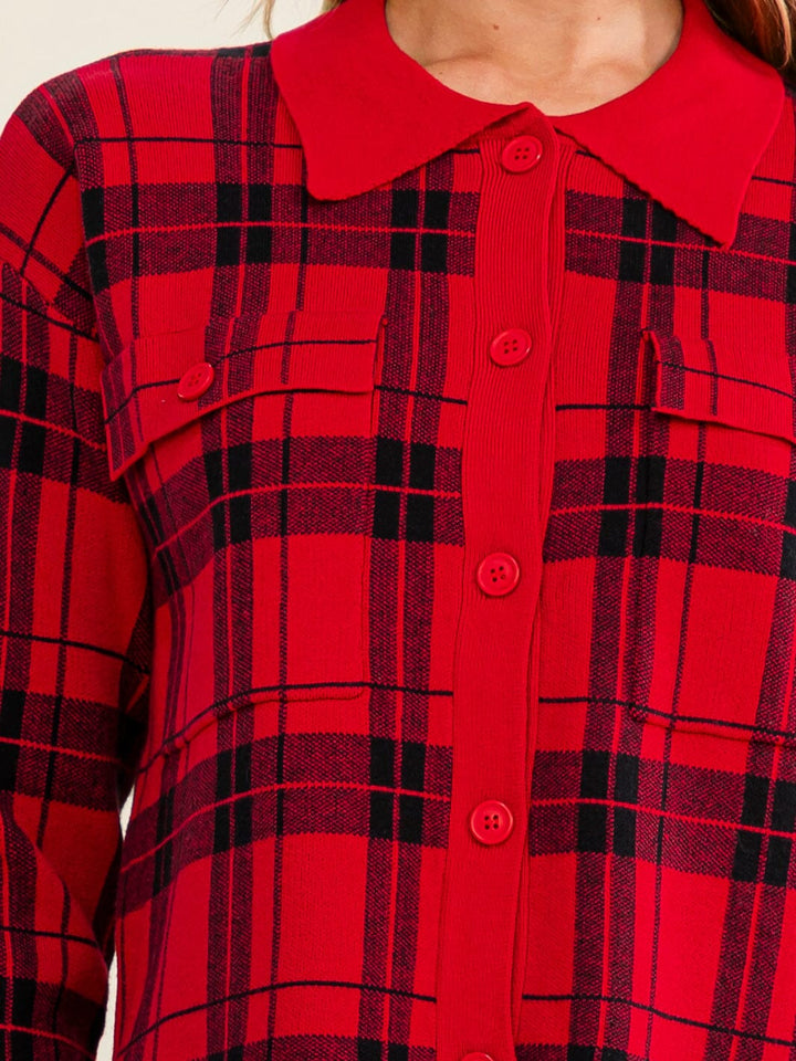 WOMEN'S LONG SLEEVE BUTTON UP FRONT POCKETS COLORBLOCK SWEATER