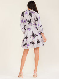 WOMEN'S LONG SLEEVE V-NECK BUTTON UP ADJUSTABLE WAIST BUTTERFLY PRINT MINI DRESS